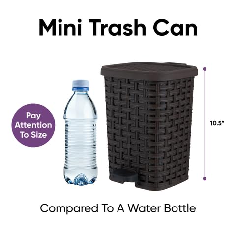 Superio Mini Trash Can with Foot Pedal Small Outdoor Garbage Can with Lid, 1.5 Gallon Plastic Waste Basket for Bathroom, Bedroom, Kitchen, Office, Patio (Wicker Brown 6 QT.)