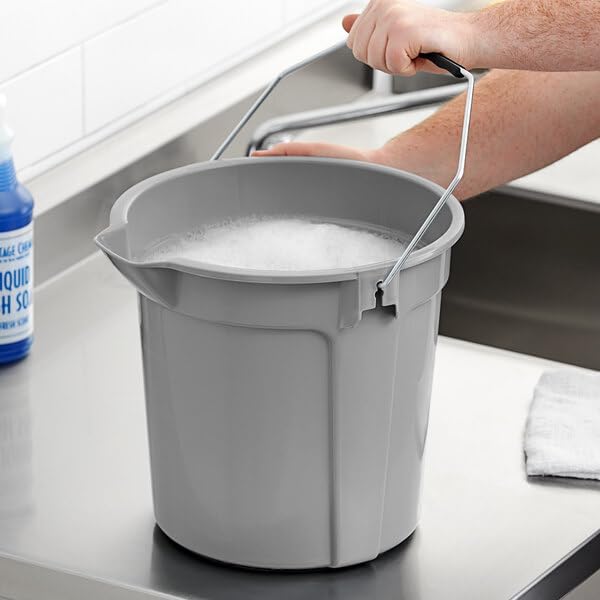 Round Bucket, 14 Qt, Gray, Heavy Duty Plastic, Stackable with Pour Spout and Measurements