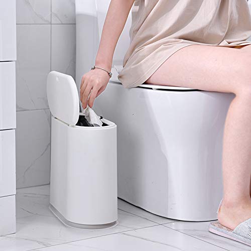 Sooyee Bathroom Trash Can with Lid, 2.4 Gallon Slim Trash Bin, Small Plastic Waste Basket, 10 L Narrow for Bedroom, Kitchen, Office, White