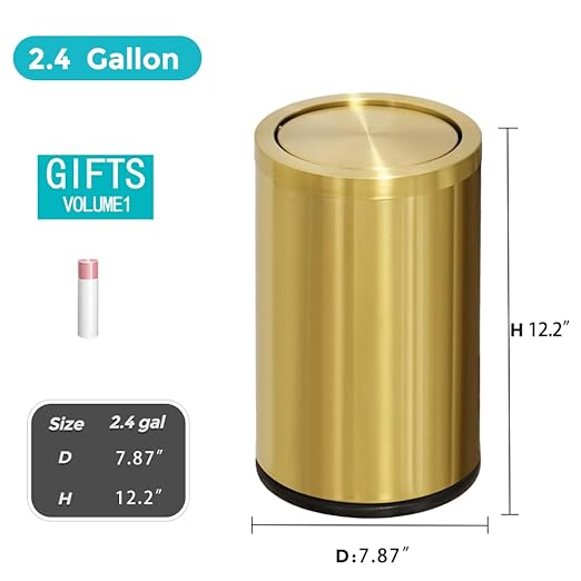 Stainless Steel Gold Bathroom Trash Can with Lid, 9L/2.4Gallon Garbage Can for Bedroom, Kitchen, Office, Living Room (Double Layer)
