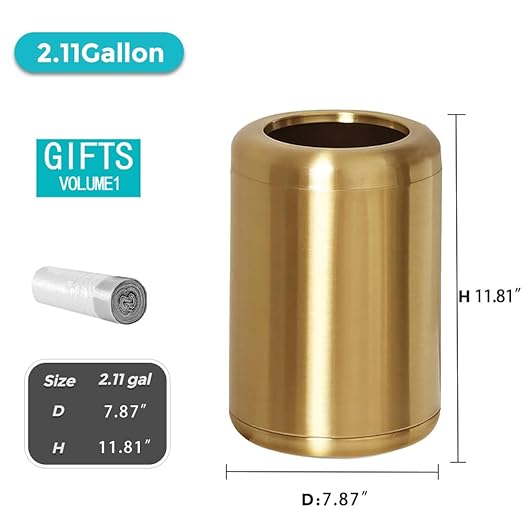 2.1 Gallon Small Gold Bathroom Trash Can, Antique Brass Garbage Can, Brass Waste Paper Basket, for Bathroom Bedroom Office Hotel Kitchen (235 Gold)