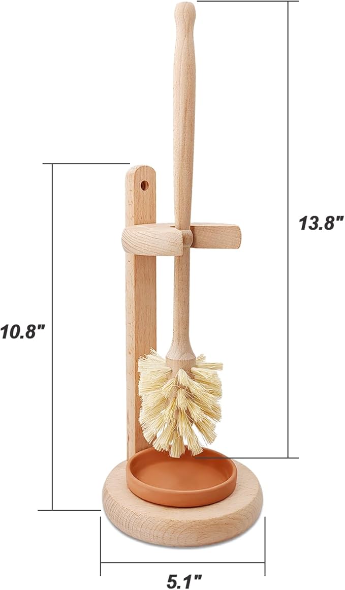 Wood Toilet Brush and Holder Set, Beechwood Toilet Bowl Cleaner Brush for Bathroom, Sisal Bristles Toilet Scrubber with Stand