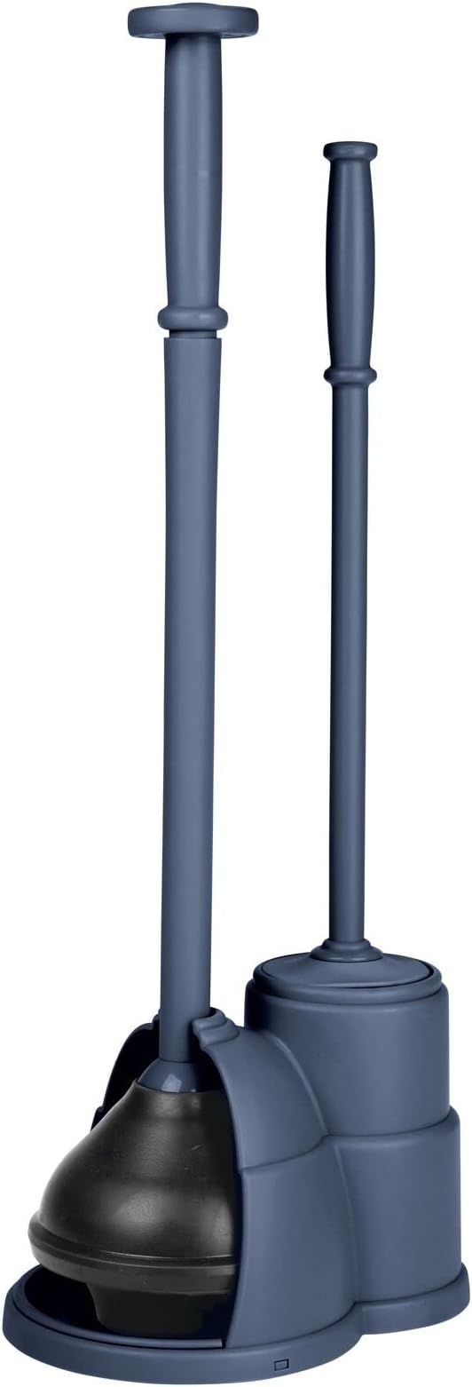 mDesign Plunger and Brush Set for Toilet Bowl - Hidden, Modern Toilet Brush and Plunger Set with Caddy - Brush Cleaner and Plunger Combo with Holder for Bathroom - Hyde Collection - Navy Blue