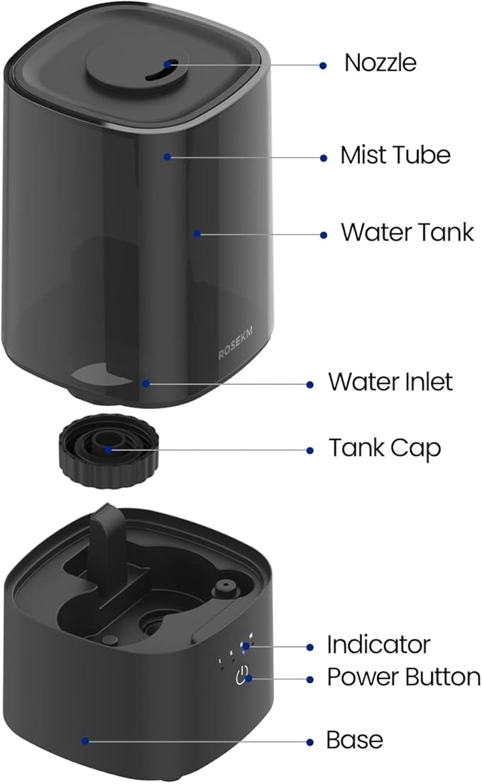 Humidifiers for Bedroom, 2.0L Cool Mist Humidifier for Home Plant and Baby Nursery, Quiet Ultrasonic Humidifier with 360ยฐ Nozzle, Auto Shut-Off, Filterless, Black
