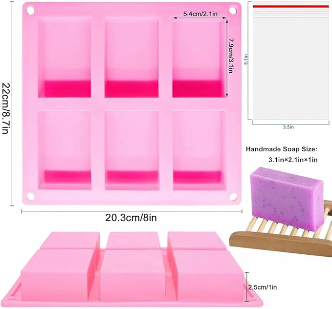 Bangp 4 Pack Silicone Soap Molds,Rectangle Soap Mold,6 Cavities Silicone Molds for Craft Soap Making,Cake Chocolate Mold,with 100pcs 3.5x5 inches Bags