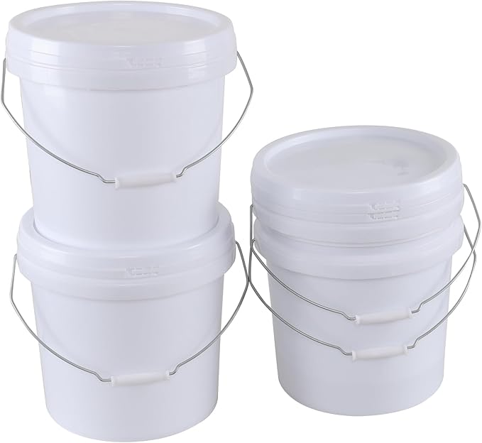 4 Packs Round Plastic Food Bucket with Lids, Plastic Pail with Handle, 4 Gallon, White