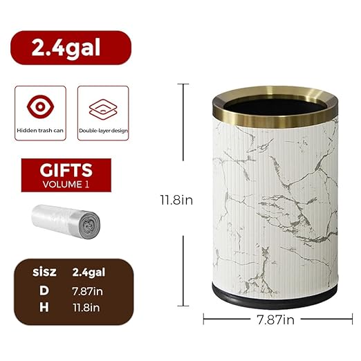Small Fancy Bathroom Trash Can, Metal Trash can Covered with Leather, Open Top, with Inner for Bathroom, Living Room, Bedroom, Office, Bank, Hotel (9L-Chinese Style)