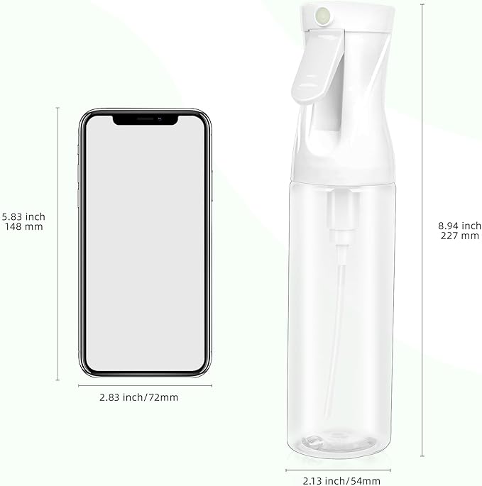 2-Pack Continuous Fine Mist Spray Bottle for Hair - Patented Ultra-Fine Mist for Hairstyling, Cleaning, Plants, and More - BPA-Free, Leak-Proof, 360° Spray, Durable - White (300 ml/10.1oz)