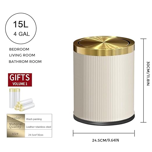 White Gold Bathroom Trash Can,Bedroom Garbage can with lid,Modern Trash Can with Flipping Lid, 4gallon,Garbage cans for Kitchen,Living Room (15L-White)