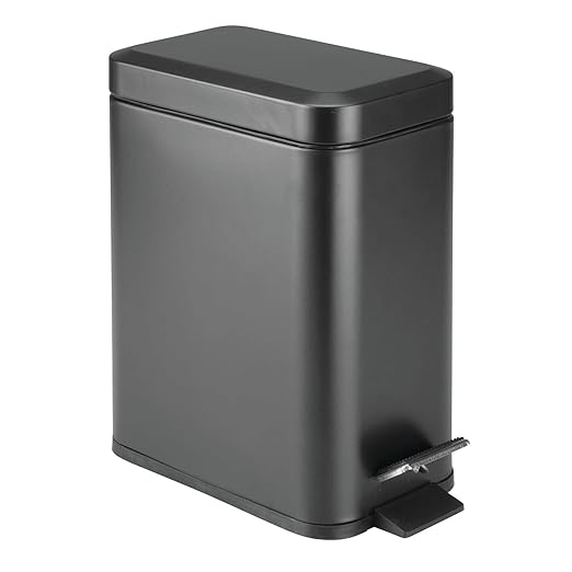 mDesign Small Modern 1.3 Gallon Rectangle Metal Lidded Step Trash Can, Compact Garbage Bin with Removable Liner Bucket and Handle for Bathroom, Kitchen, Craft Room, Office, Garage - Black
