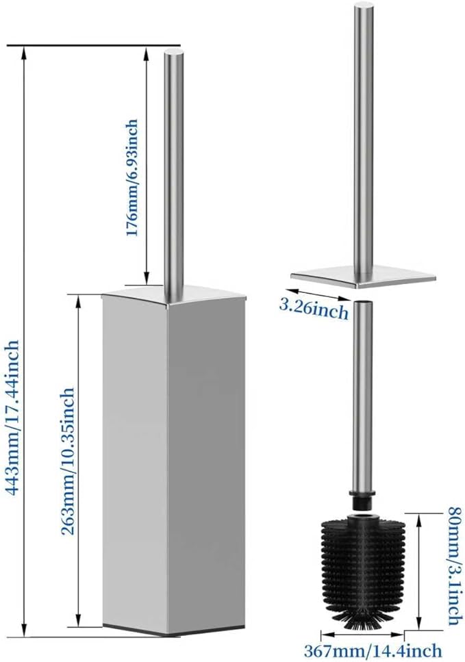 RUACQ Toilet Brush and Holder Set,Square Toilet Bowl Brush for Bathroom with 304 Stainless Steel Handle Toilet Cleaner Brush with Durable Scrubbing Bristles,Splash-Proof (Brushed Nickel)
