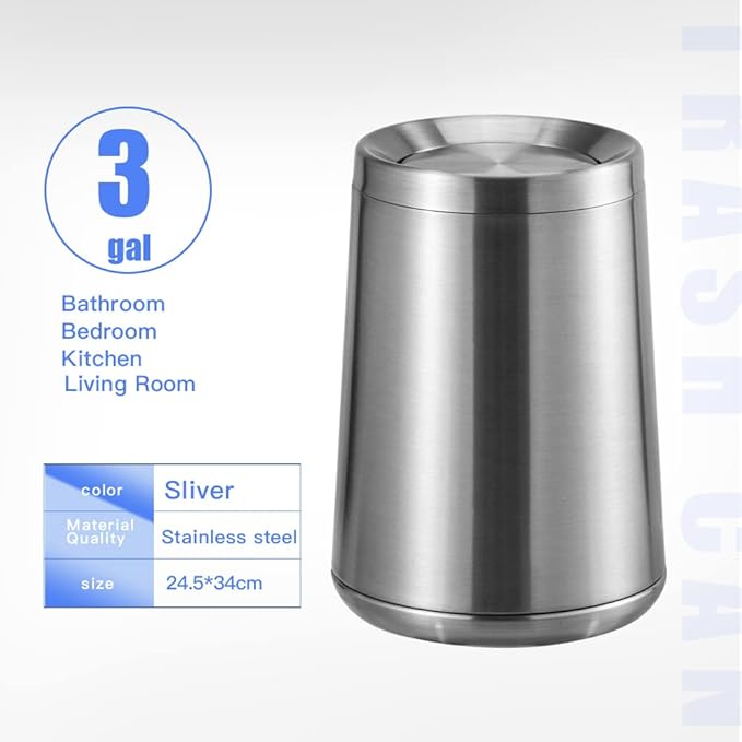 Household Swing Bathroom Trash Can,Brushed Stainless Steel,10 L/3 Gallen,Garbage Can with Flipping Lid, for Indoor or Commercial Use, Kitchen,Modern,Living Room,Bedroom