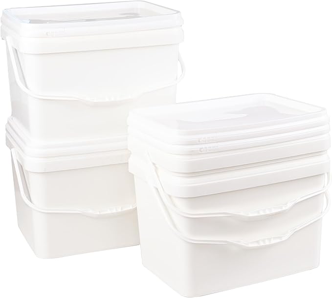 5 Gallon Plastic Square Bucket with Lid for Food Storage, Set of 4 Rectangular White Food Grade Bucket with Handle
