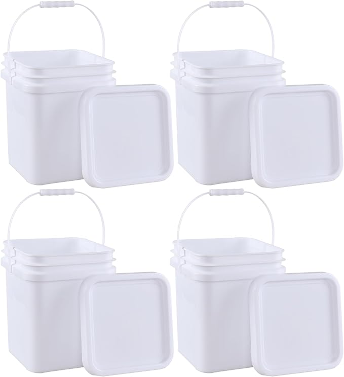 5 Gallon White Square Bucket with Lid and Handle, 4 Pcs Plastic Square Food Storage Pail with Handle