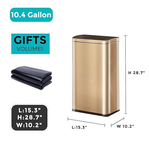 10.4 Gallon Large Metal Kitchen Garbage Can, Stainless Steel Trash Can, Open Top, Tall, Gold Wastebasket for Home Bathroom Hotel Lobby Office (40L Gold)