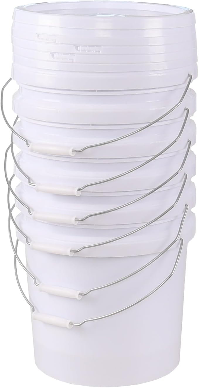 4 Gallon Plastic Food Grade White Bucket with Handle, All Purpose Storage Round Bucket Pail, 6 Packs