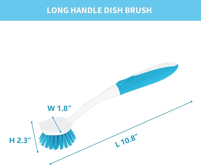 Dish Brush with Handle, 2 Pack Scrub Brushes with Built-in Scraper for Cleaning Kitchen, Pots, Pans and Sink, Scrubber Washing Tools, Blue