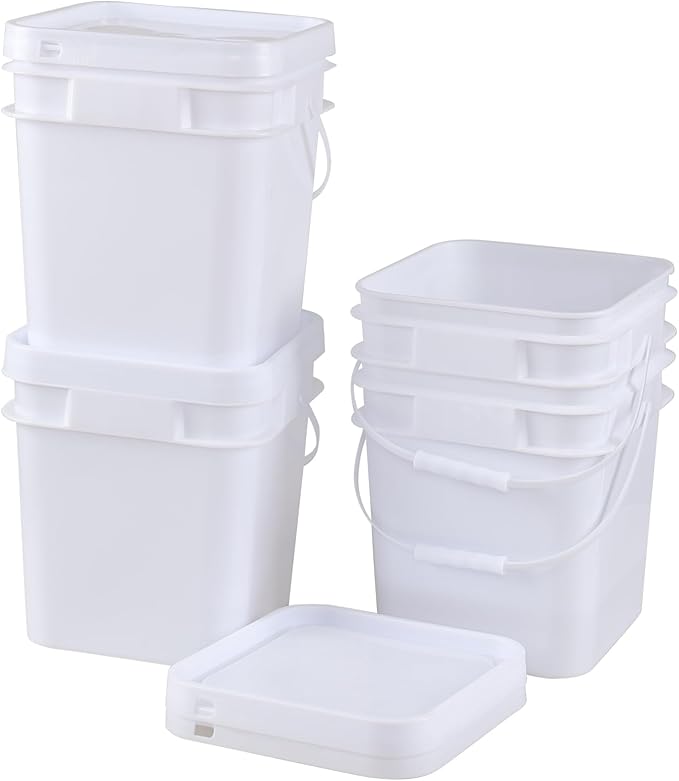 3 Gallon Plastic Square Storage Bucket, 4 Packs Food Grade Buckets with Lid, Utility Pail, White