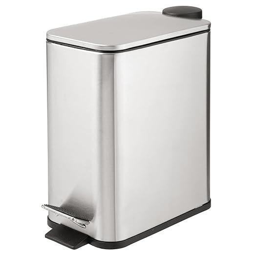 mDesign Slim Metal Rectangle 1.3 Gallon/5 Liter Trash Can with Step Pedal, Easy-Close Lid, Removable Liner - Narrow Wastebasket Garbage Container Bin for Bathroom, Bedroom - Brushed Stainless Steel