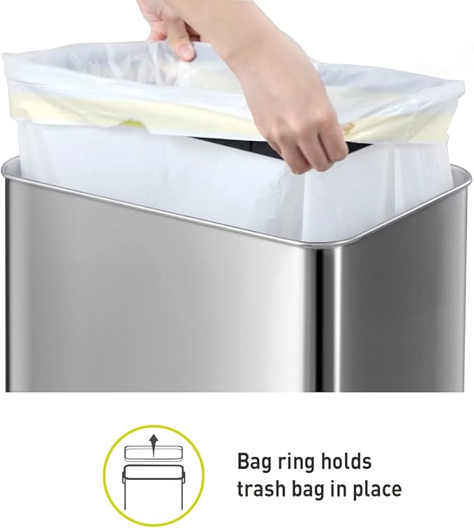 EKO Mirage-T 50 Liter / 13.2 Gallon Touchless Rectangular Motion Sensor Trash Can, Brushed Stainless Steel Finish