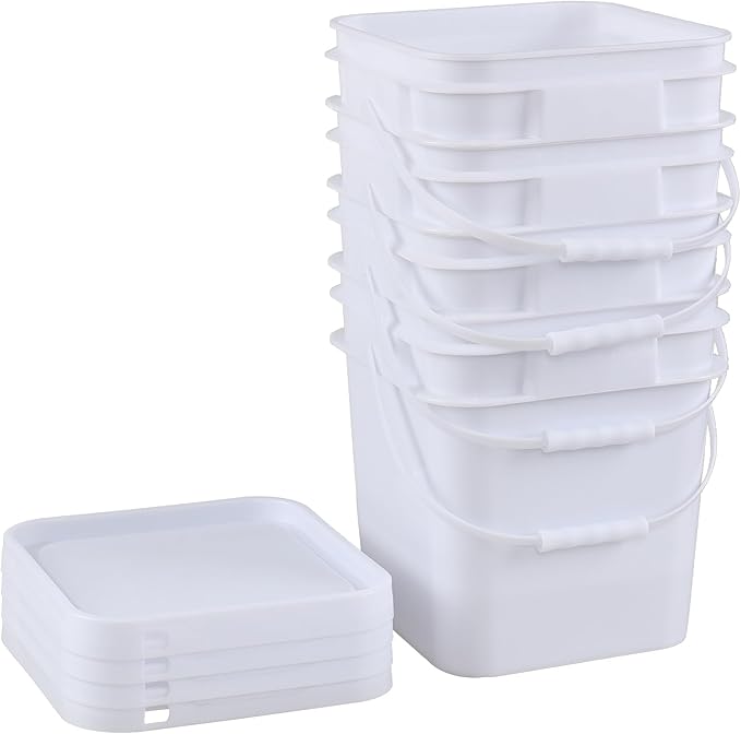 Vababa 3 Gallon White Square Buckets with Lid for Food Storage, 4 Pcs Plastic Food Grade Buckets with Lid and Handle