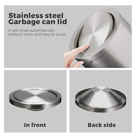 9L/2.4gallon Gold Bathroom Trash Can with Lid, Small Sliver Garbage Can, Single Layer Brushed Stainless Steel Swing Lid Trash Can for Bathroom, Toilet, Bedroom, Office, Living Room (Sliver)