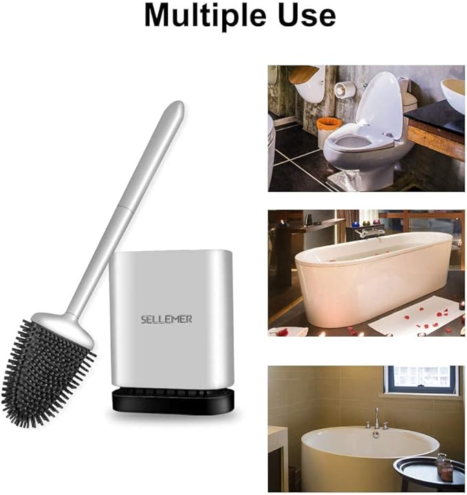 Sellemer Toilet Brush and Holder Set for Bathroom, Flexible Toilet Bowl Brush Head with Silicone Bristles, Compact Size for Storage and Organization, Ventilation Slots Base (2 Pack, Silver)