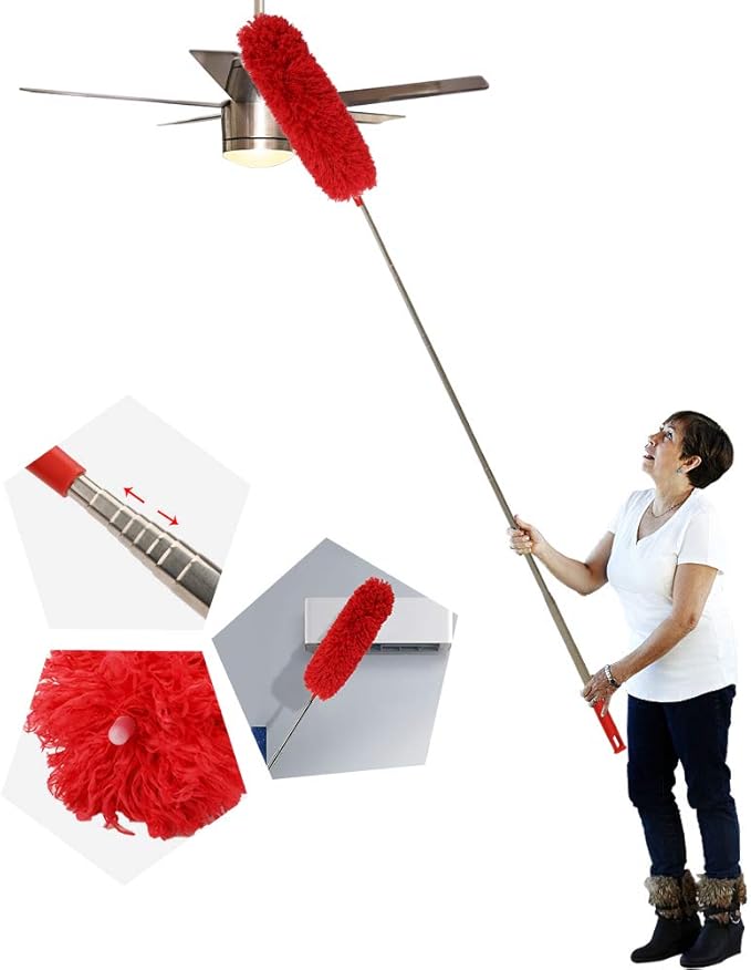 DELUX Microfiber Feather Duster Extendable Cobweb Duster with 100 inches Extra Long Pole, Bendable Head & Scratch-Resistant Hat for Cleaning Ceiling Fan, High Ceiling, Blinds, Furniture & Cars Red
