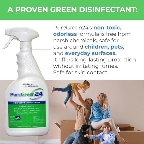 PureGreen24 Safe & Effective Disinfectant. Kills Deadly Germs including RSV COVID-19 Norovirus MRSA Staph 2025 flu Bird flu Contains no toxic chemicals odorless child & pet safe 1 4oz spray bottle