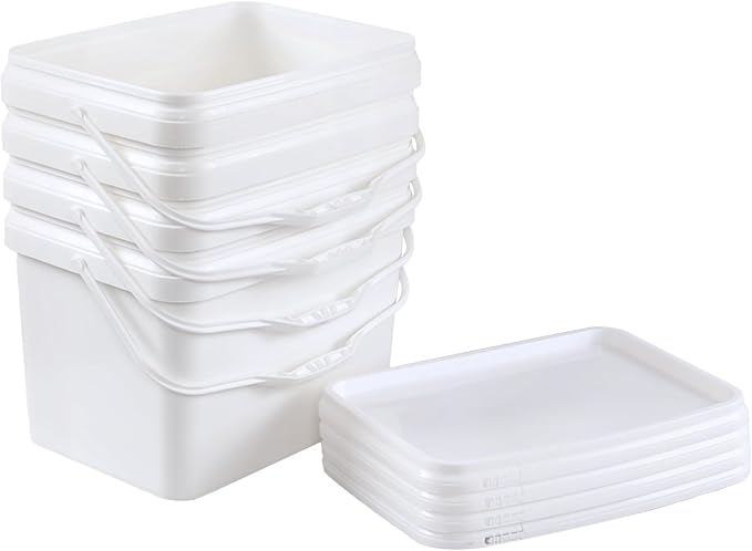 Saedy 5 Gallon Rectangular Food Storage Bucket, Set of 4 White Plastic Utility Pail, Food Grade Bucket with Lid and Handle