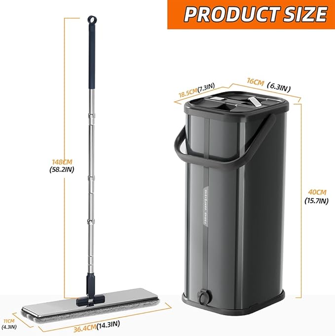 Flat Mop and Bucket for Home with Extra Refills, Stainless Steel Mop and Bucket with Wringer, Hands-Free Mop, Wet and Dry Use Mop with Long Handle (Black)