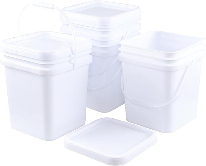 Zopnny 4 Pcs 5 Gallon Square Bucket, White Plastic Buckets with Handles, Snap Food Container Pail with Airtight Lid