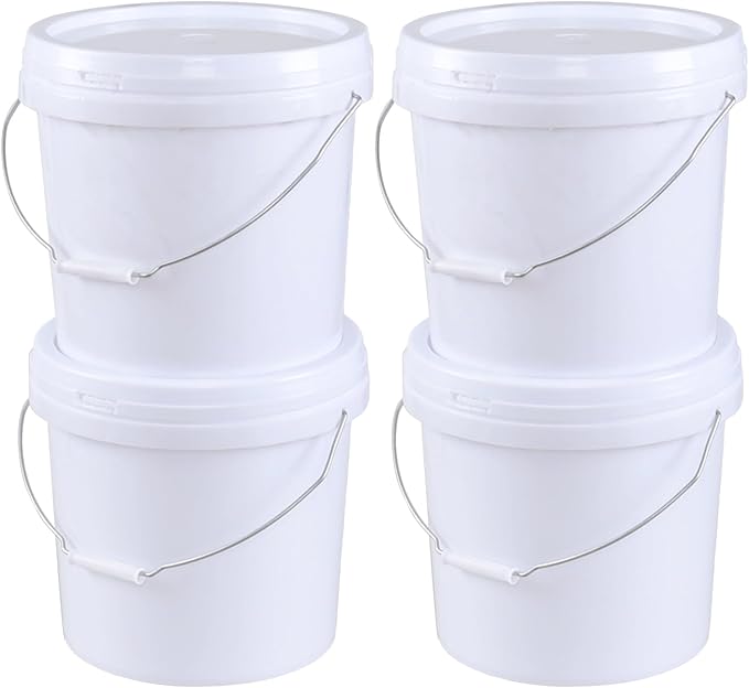 4 Gallon All Purpose Pail with Airtight Lids, Plastic Food Grade White Bucket with Handle, 4 Packs