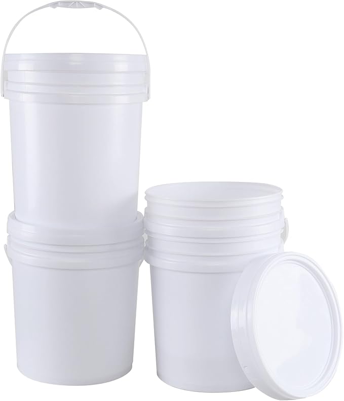 4 Packs Food Grade Airtight Plastic Buckets with Handles, Plastic Pail with Lid, 7 Gallon, White