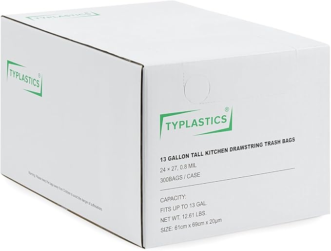 TYPLASTICS FleTex Tall Kitchen 13 Gallon Drawstring Trash Bags, 300 Bags, 24in x 27in, Unscented, White, Wholesale Pack