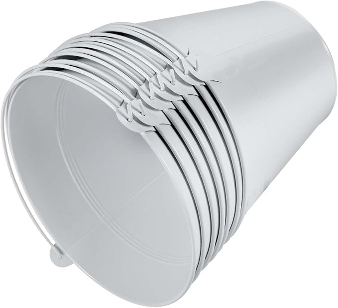 OBTANIM 7 Pack White Metal Buckets with Handle Galvanized Ice Pails for Plants, Succulents, Party Favors Organizing, Rustic Home Decor or Classrooms Pencil Storage (9.1 x 6.7 inch)