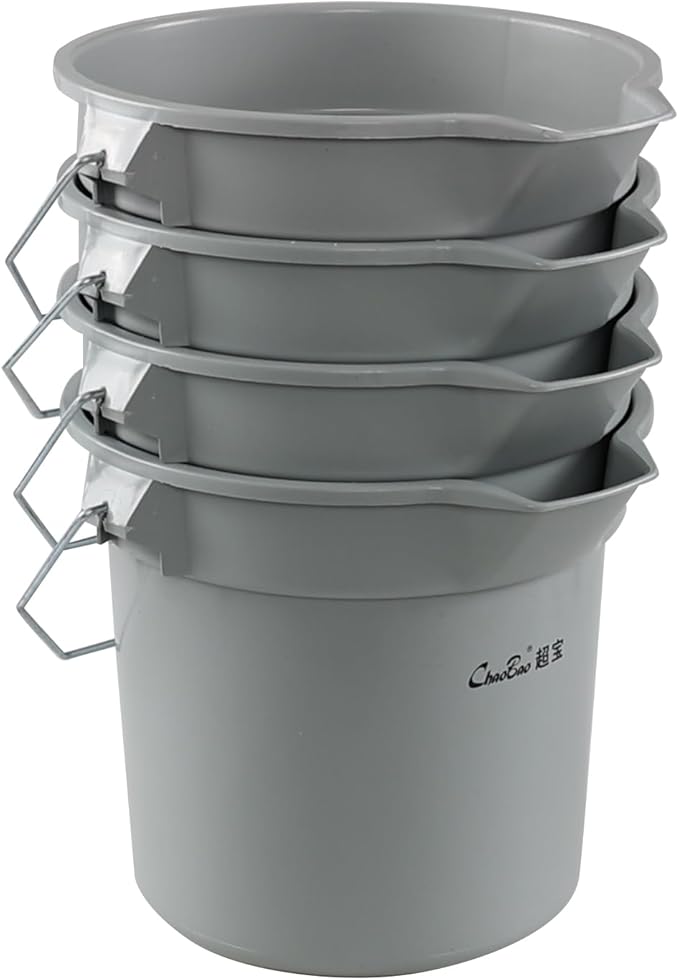 14 Quart Plastic Round Cleaning Pail, 3.5 Gallon Bucket with Built-in Spout and Handle, Gray, 4 Packs