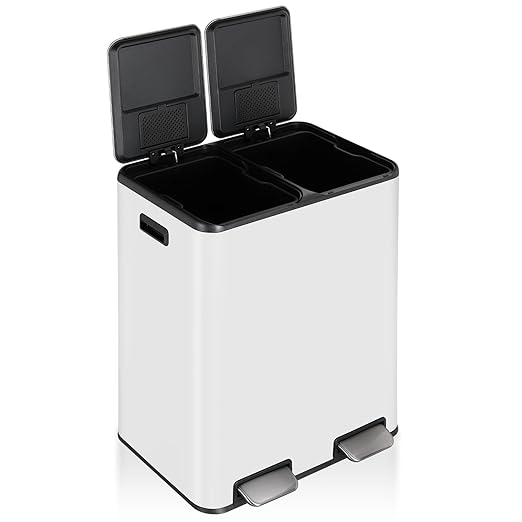 16 Gal (2 x 30 L) Dual Trash Can, Stainless Steel Kitchen Garbage Bin, Recycle Dustbin with Odor Control Box, Soft-Close Lid, Inner Buckets, Side Handle, Step Pedal, for Home Office
