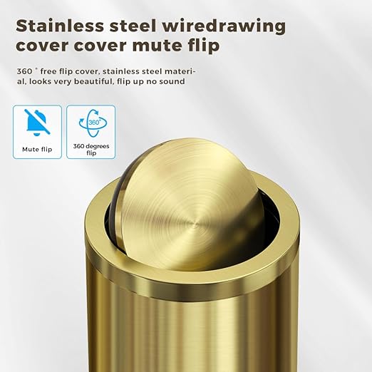 4.7 Gallon/18L Stainless Steel Bathroom Trash Can,Gold Garbage Bin with Swing Lid, Round, Elegant Waste Basket, for Toilet Bathroom Cafe Kitchen Office Hotel Home (18L-Gold)