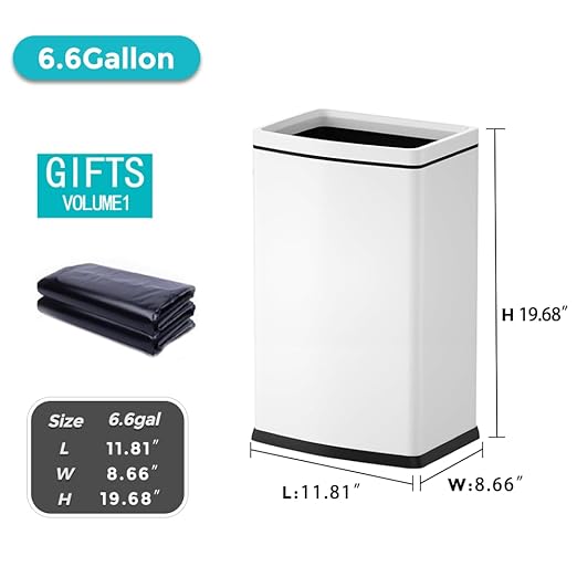 6.6 Gallon/25L Stainless Steel Square Trash Can, Large Capacity Kitchen Garbage Can, Business Trash Bin, Tall, Elegant, White Waste Basket, for Home, Office, Hotel (25LWhite)