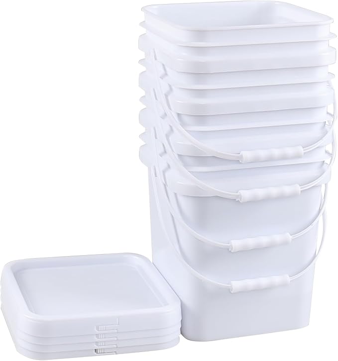 5 Gallon Square Food Plastic Bucket with Lids, White All Purpose Pail with Plastic Handle and Lid, Pack of 4
