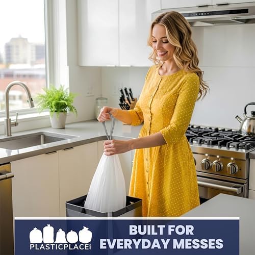 Plasticplace 13 Gallon Trash Bags │ 1.2 Mil │ White Drawstring Garbage Can Liners │ 24" x 31", 200 Count (Pack of 1)