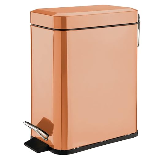 mDesign Small Modern 1.3 Gallon Rectangle Metal Lidded Step Trash Can, Compact Garbage Bin with Removable Liner Bucket and Handle for Bathroom, Kitchen, Craft Room, Office, Garage - Copper
