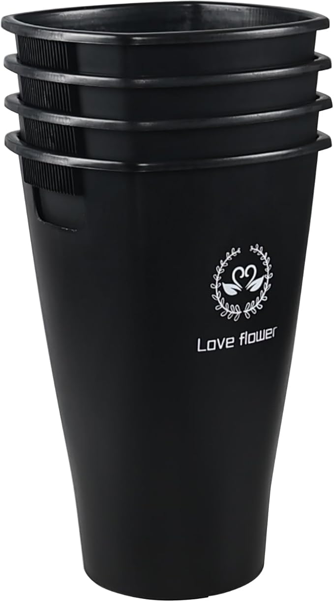 16 Inch Tall Flower Buckets Set with Cutout Handle, Set of 4 Plastic Floral Vase Bucket for Cut Flowers Home Wedding Decoration, Black
