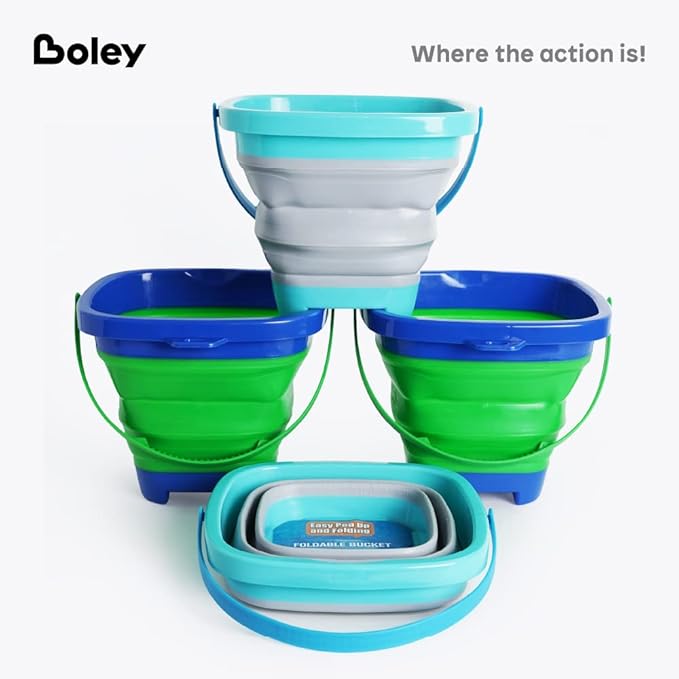 Boley 4-Pack Silicone Foldable Buckets - Multi-Purpose Collapsible Buckets with Handles for Kids, Eco-Friendly Space Saving Beach Playset, Ice & Toy Storage Bin, Child-Safe Outdoor Activity Buckets