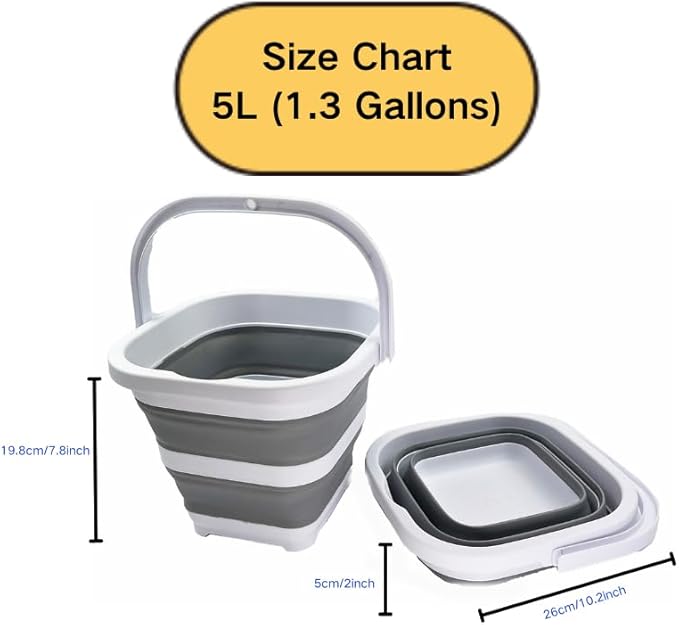 SAMMART Collapsible Rectangular Cleaning Bucket 5L (1.3 Gallon)- Foldable Camping Beach Sand Water Pot Pail- Portable Space Saving Tub for Household, Outdoor Car Washing (White/Grey)