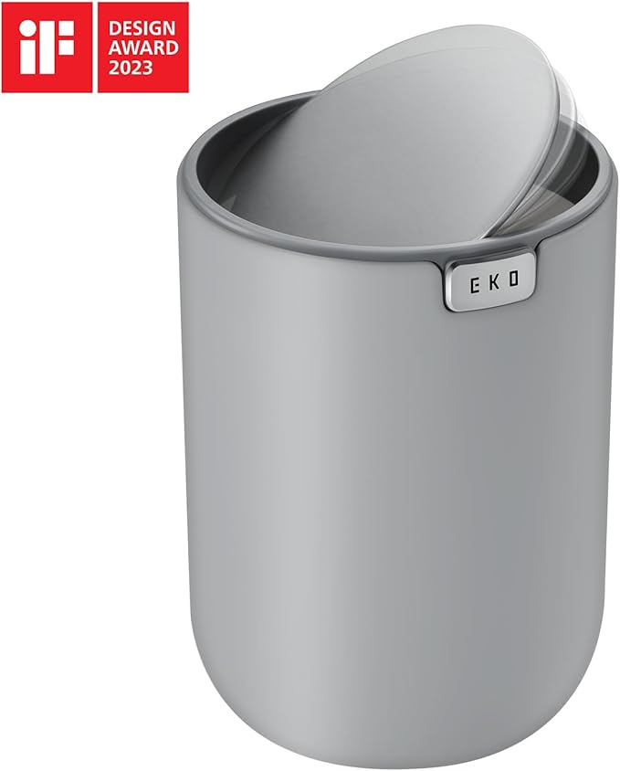 EKO Mini Desk Trash Can with Swing-Top Lid 0.4 Gallon Small Table Round Wastebasket for Office, Home, Car (Grey)