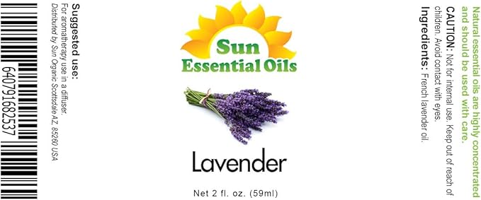 Sun Essential Oil - Lavender Essential Oil 2 oz (59 ml) for Diffuser, Humidifier, Skin, Aromatherapy Massage, Scented for Soap & Candle Making at Home, Calming Aroma for Sleep