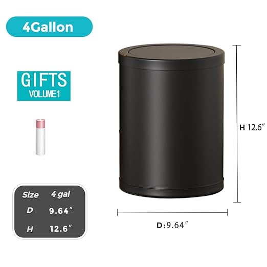 4 Gallon/15L Metal Trash Can with Lid, Bathroom Garbage Can Flipping Lid, Modern, Powder Room, Black Waste Baskets, for Bathroom, Commercial, Kitchen, Office, Hotel(15L-Black)