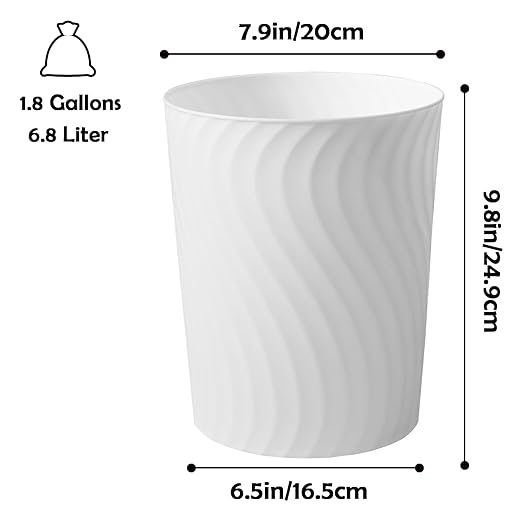 YGJT Small Trash Can, 6 Pack 1.8 Gallons Bathroom Trash Can, Slim Waste Basket, Round Garbage Can, Plastic Trash Bin for Kitchen, Dorm, Bedroom, Office, Living Room, Study, Compact Spaces(White)